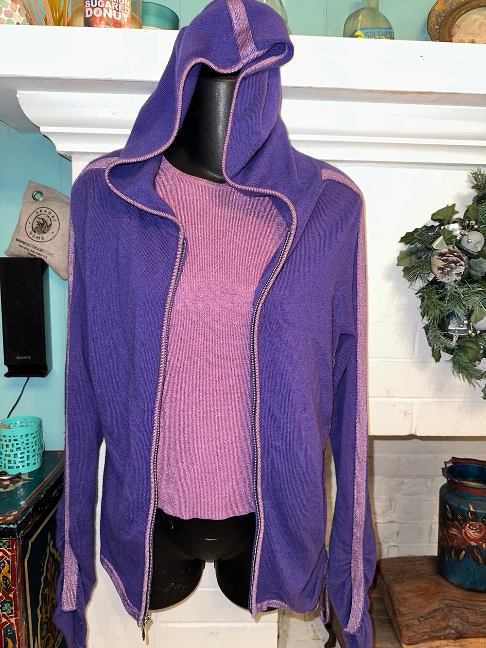 VINTAGE DESIGNER PURPLE CASHMERE SWEATER SET HOODIE + LAVENDER TANK S GLITTER